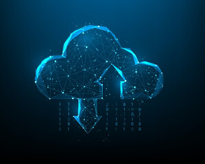 cloud data digital low poly wireframe on blue dark background. Cloud online storage global. vector illustration technology modern design.