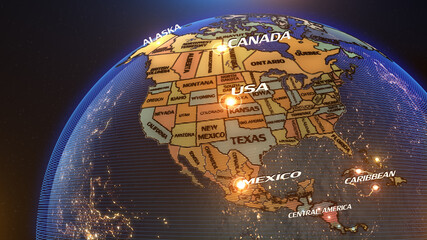 a world map of North America, 3d rendering,
