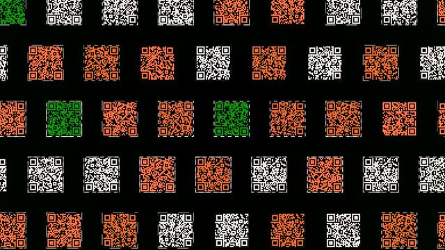 Colorful QR codes on black background. Animation. rows of codes move like a snake. Lot of QR codes move through rows. Matrix barcodes with information about various objects