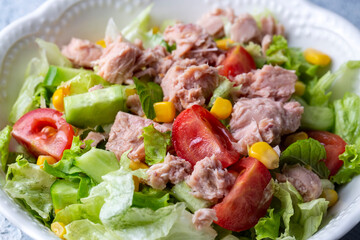Tuna Fish Salad with Lettuce, Cherry Tomatoes, Cucumber and Corn.