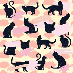 vector seamless pattern with cats, clouds,  marker strokes
