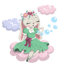 Cute rabbit girl sitting on a cloud and blowing soap bubbles. Flat cartoon vector illustration