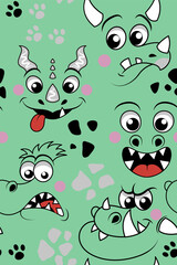 Hand drawn doodle monster faces seamless print design. Outline cartoon vector illustration design for fashion fabrics, textile graphics, prints.