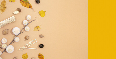 Fototapeta premium Fall Winter flat lay art. Autumn decor brunch, leaf and mushrooms. Trendy brown and beige colours shades. Seasonal banner