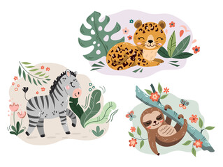 Obraz na płótnie Canvas Jungle cute cartoon hand drawn animal characters collection. Sloth, jaguar, zebra. Fabric shirt surface design. Set of flat cartoon vector illustrations isolated on white