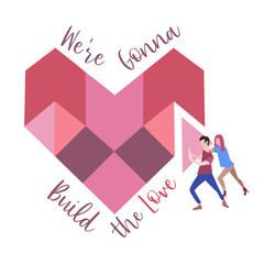 Fototapeta premium Young people, man, woman make hearts, try to renew relationships, try to restore love. Isolated vector illustration on white background. Inscription, We will build love.