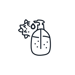 Hand Sanitizer Thin Line Icon stock illustration. An icon of a virus cell and bottle of hand sanitizer