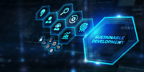 SUSTAINABLE DEVELOPMENT inscription, cloud technology concept. Business, Technology, Internet and network concept.