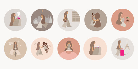 Set of icons, girl dancing, preparing, reading, traveling, doing yoga, riding bicycle, caring for flower. Features. Vector illustration in restrained range, pastel colors.