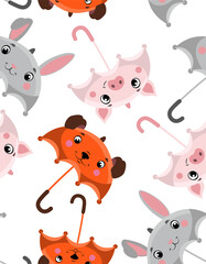 Animalistic Umbrella seamless pattern with cute kawaii animal Bunny Pig or Piglet Dog faces. Rainy weather kids background for fabric textile surface design. Flat cartoon vector illustrations set