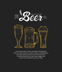 International Beer Day illustration vector design. Beer glass and mug isolated on black background can be use for party, celebration and festival