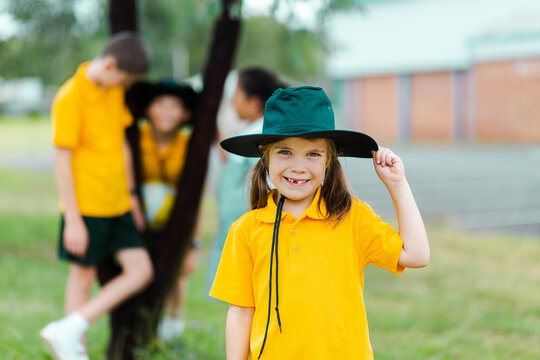 Portrait Of Aussie Child At Public School With Sun Hat On