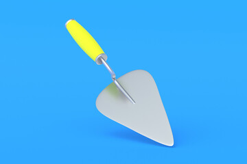 One metal trowel with yellow handle on blue background. Spatula for cement, plaster. Construction of buildings, houses. Professional work tool. 3d render