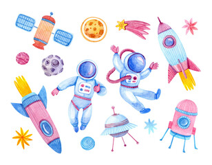 Cute space set with watercolor painted astronauts, planets, stars, comets, meteorite, rockets, satellite, spacecraft isolated on white background.