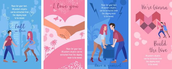 Concept, set of four love posters, falling in love, quarrel, building relationships. Isolated vector illustrations on white background.