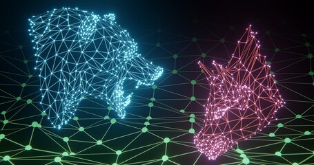 Bear vs Bull glowing wireframe 3d-rendering illustration