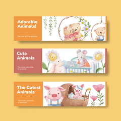 Banner template with adorable animals concept,watercolor style