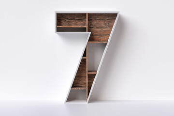 Wood number 7 in the shape of furniture made of white maple veneer and natural textured brown wood planks. High detailed 3D rendering.