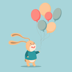 Cartoon bunny with balloons vector illustrations on a pastel turquoise background