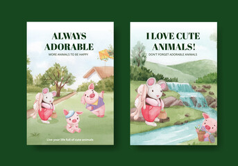 Cover book template with adorable animals concept,watercolor style