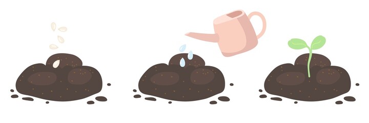 Sprouting. Green sprout growing out from soil isolated on white background. Growing plant seeds with green leaves. Agriculture, ecology, environment cartoon flat vector. Symbol of life and development