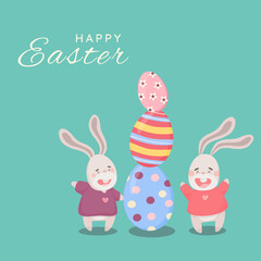 Obraz na płótnie Canvas Happy easter card with bunnies and eggs vector illustrations on a pastel turquoise background