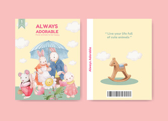 Cover book template with adorable animals concept,watercolor style