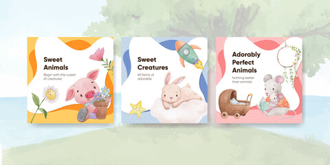 Banner template with adorable animals concept,watercolor style