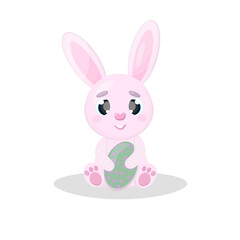 Cute cartoon rabbit Pink Easter bunny with Easter egg in paws Isolated vector illustrations on white background