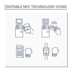NFC technology line icons set. Safety payment system on smart watch or mobile phone. Near Field Communication. Contactless payment concept. Isolated vector illustration. Editable stroke