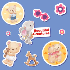 Sticker template with adorable animals concept,watercolor style