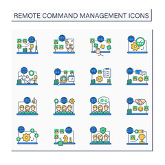 Remote command management color icons set. Online work. Video chat. Virtual office. Digitalization concept. Isolated vector illustration