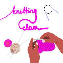 Vector cartoon illustration of Knitting icon. Hands hold needles. Colored isolated symbol. Workshop announcement. knitting class hand drawn text