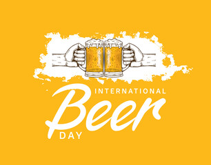 International Beer Day illustration vector design with hand holding mug of beer isolated on orange background can be use for party, celebration and festival