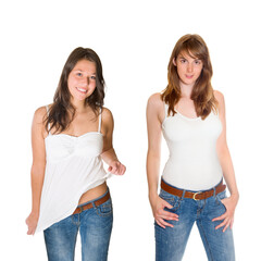 Two portraits of beautiful young women wearing blue jeans and summer tops, isolated on white studio background