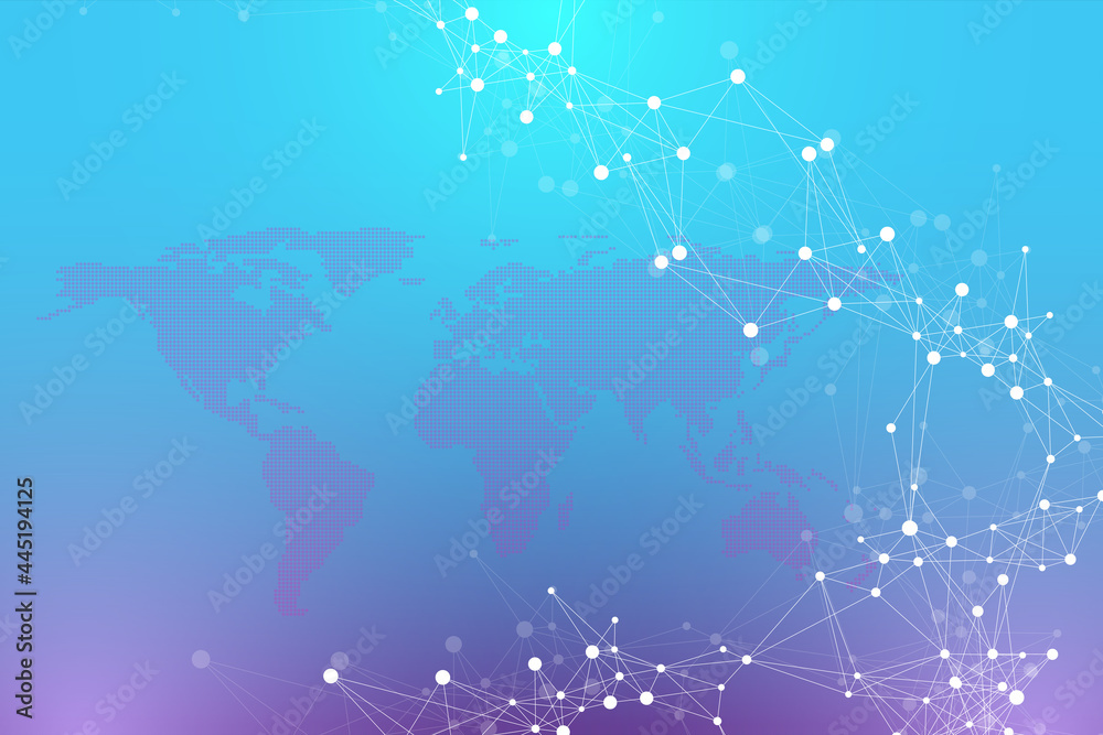 Poster World map global technology networking concept. Digital data visualization. Lines plexus. Big Data background communication. Scientific illustration.