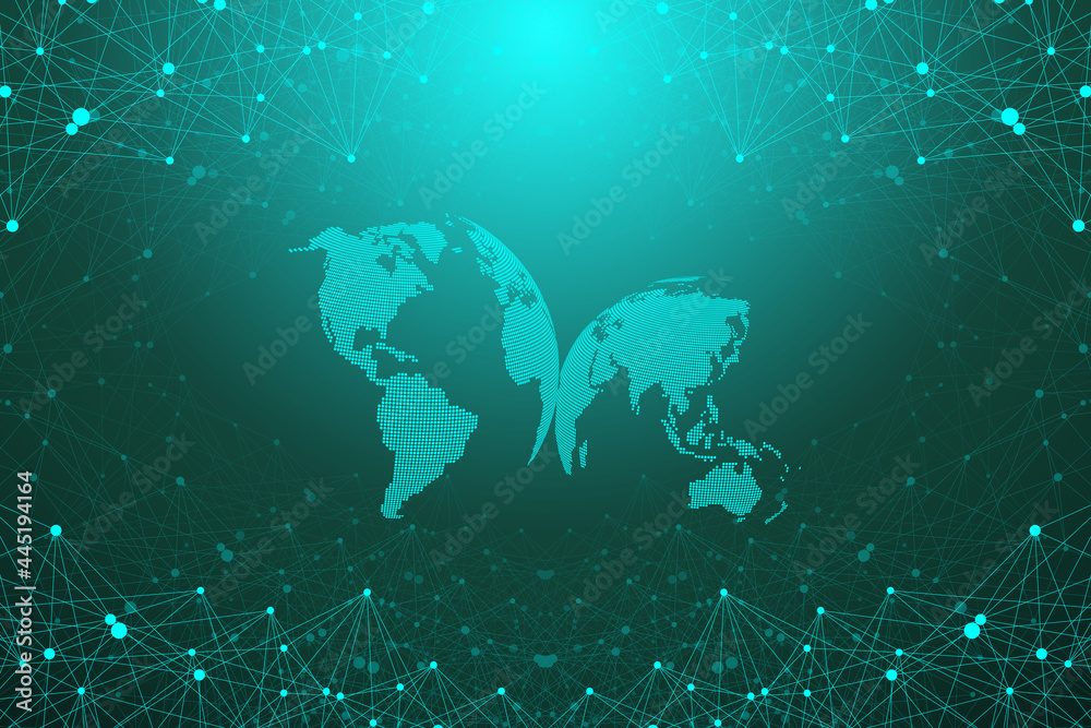 Aufkleber World map point with global technology networking concept. Digital data visualization. Lines plexus. Big Data background communication. Scientific illustration.
