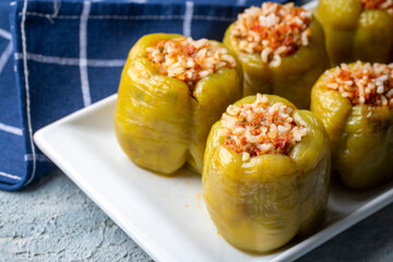 Traditional delicious Turkish food; stuffed bell peppers with meat (Turkish name; Etli biber dolmasi)