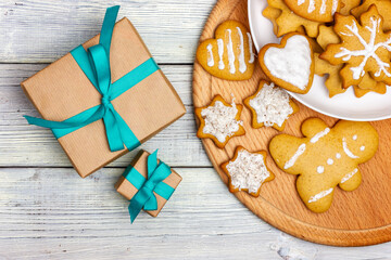Homemade Christmas cookies. Christmas gift on a wooden table.