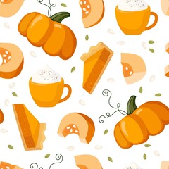 Pumpkin spice product seamless pattern. Pumpkin, pie, jam, latte. Food and drinks isolated. Autumn delicious sweet desserts. Fall seasonal template for menu, jam, juice packaging, wallpaper, textile.
