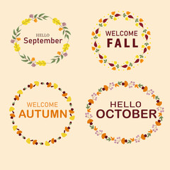 A set of autumn frames in round shape with leaves, flowers and mushrooms in yellow, green, bard color. Hello September, October. Welcome autumn, fall