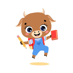 flat doodle illustration of cute cartoon cow bull goes to school. Animals back to school