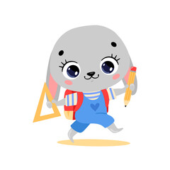 Vector flat doodle illustration of a cute cartoon bunny going to school. Animals back to school