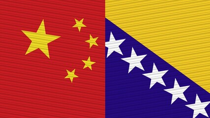 Bosnia and Herzegovina and China Two Half Flags Together Fabric Texture Illustration