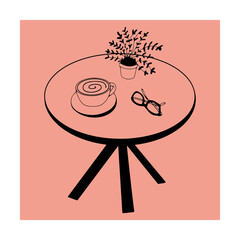 Vector poster or card with café table with plant in pot, coffee and glasses