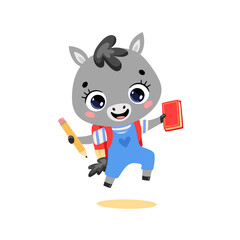 Vector flat doodle illustration of cute cartoon donkey horse pony goes to school. Animals back to school