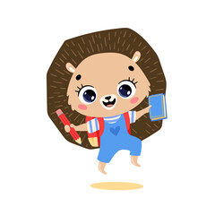 Vector flat doodle illustration of a cute cartoon hedgehog goes to school. Animals back to school