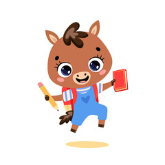 flat doodle illustration of a cute cartoon pony horse going to school. Animals back to school