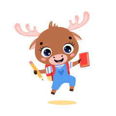 Vector flat doodle illustration of cute cartoon moose going to school. Animals back to school