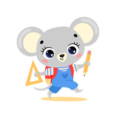Obraz na płótnie Canvas flat doodle illustration of a cute cartoon mouse going to school. Animals back to school